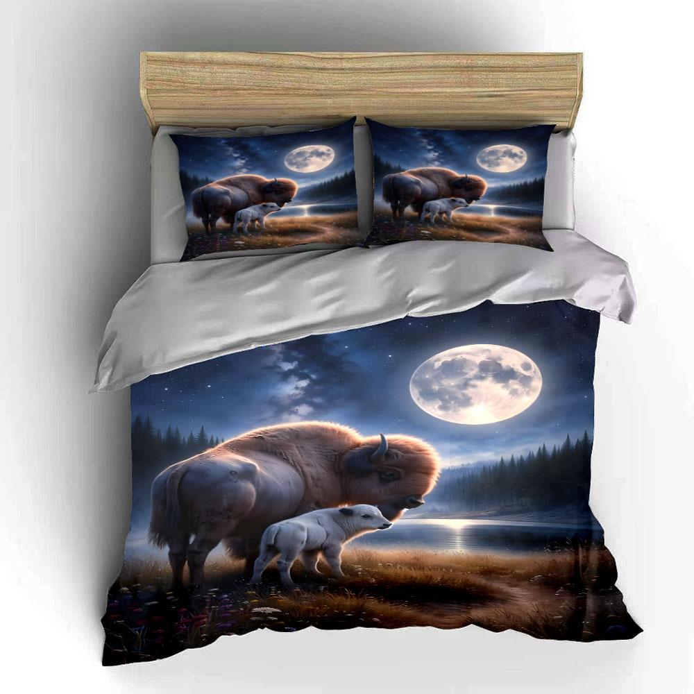 Majestic Bison and Calf Scene Bedding Duvet Cover Set (1*Duvet Cover 2*Pillowcases, Without Duvet Insert)