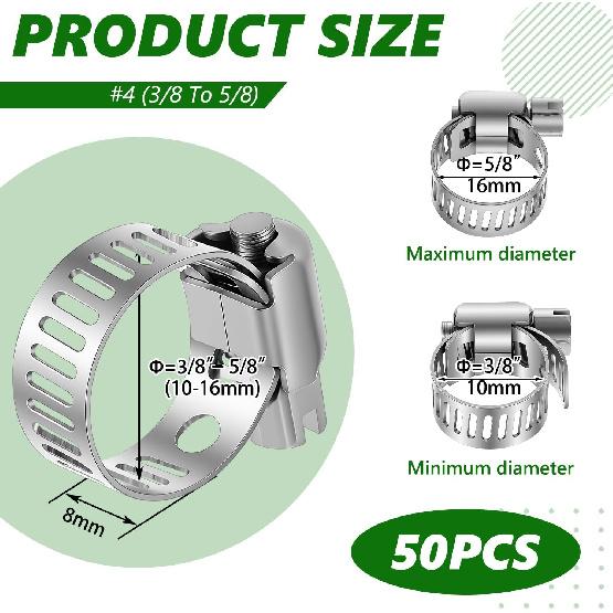 50 Pcs Stainless Steel Hose Clamps 3/8 Inch To 5/8 Inch (10-16mm) 304 Stainless Steel Worm Gear Metal Hose Clamps for Pipe, Intercooler, Plumbing,