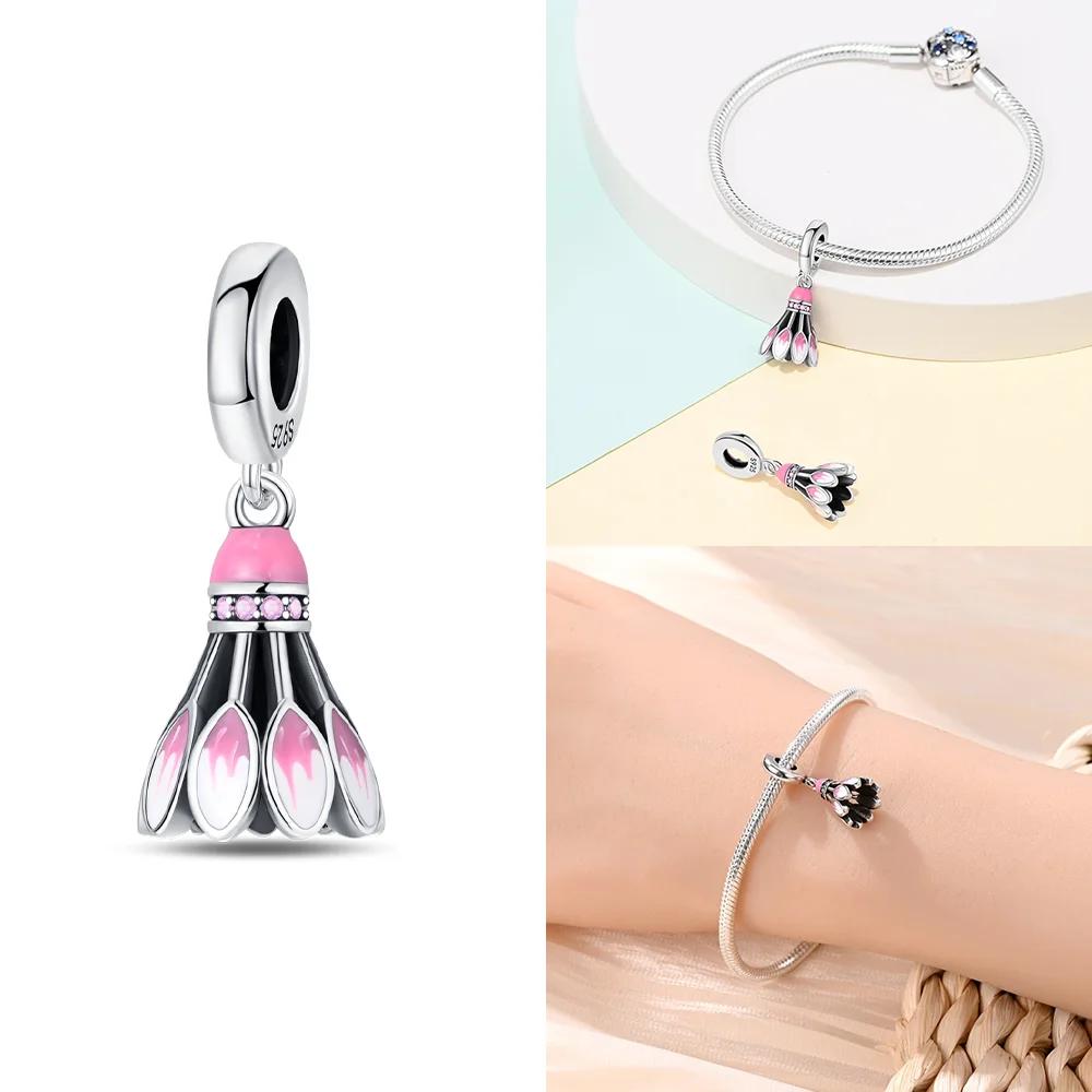 Original Pink Box Rocket Badminton Bike Beads Charms Fit Bracelet Copper Women Jewelry Necklace Diy Gift