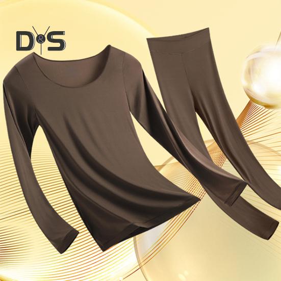 2 Pcs/Set Women Thermal Clothing Set Great Elasticity Long Sleeve Crew Neck Slim Fit Soft Warm High Waist Solid Color Top Pants Set Lady Winter