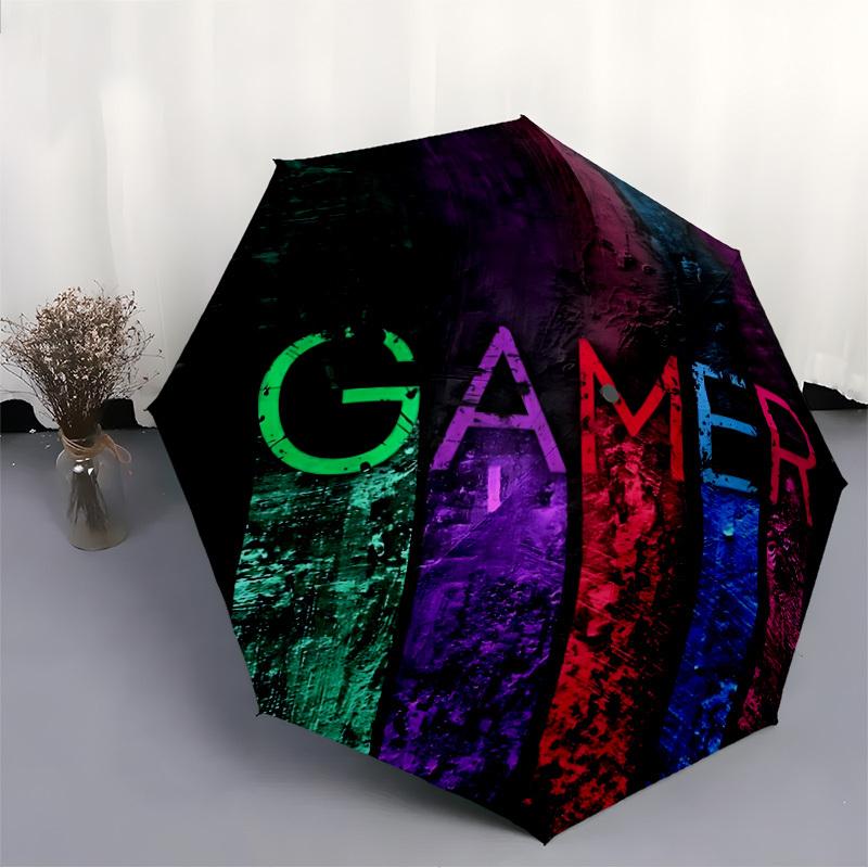 1pc Gamer Youth Automatic Folding Umbrella with 8 Bones, 3-Fold Compact Umbrella, Compact Design On-the-Go Essential, casual outdoor accesso