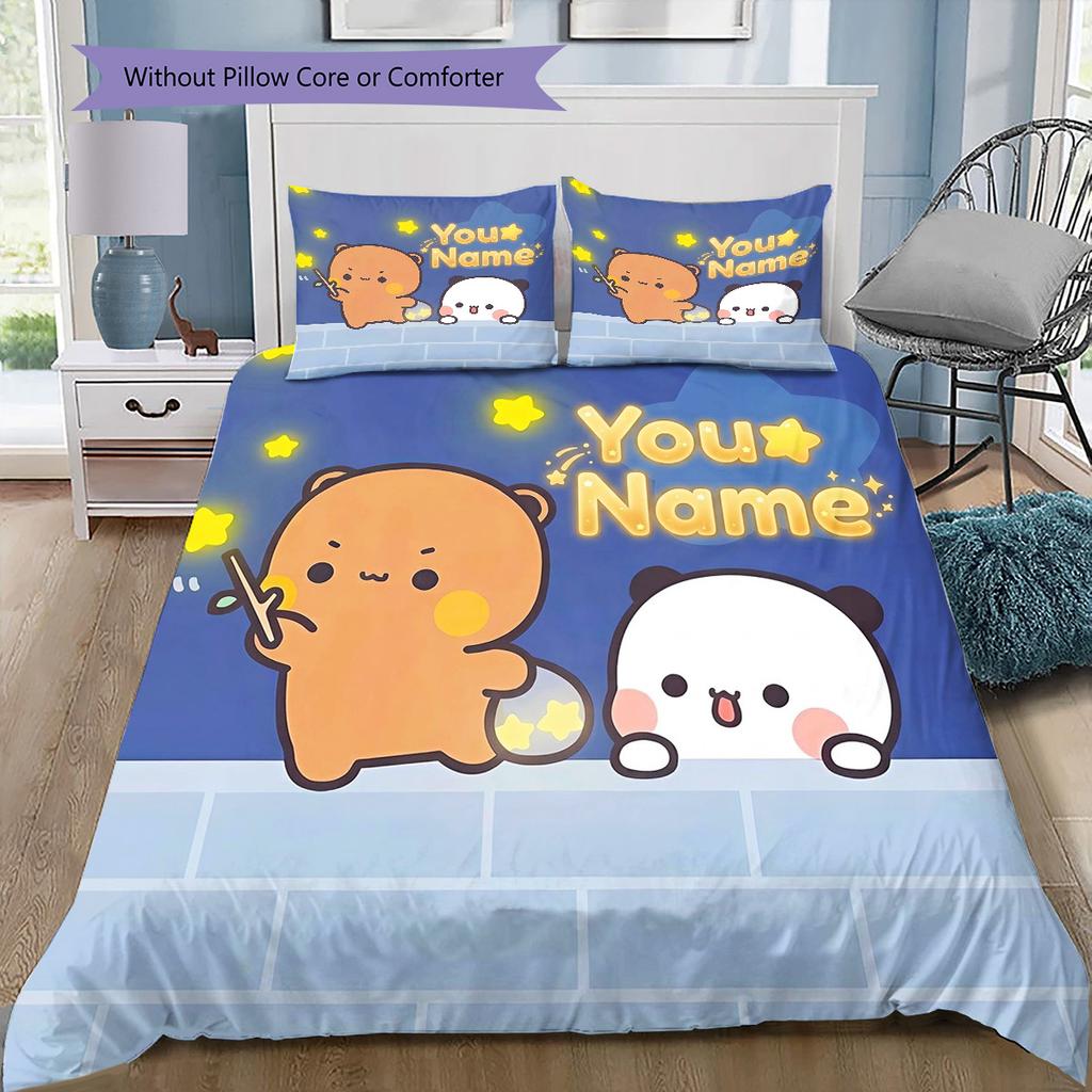 Bear Panda Night Custom Name Pattern Bedding Quilt Set Quilt Cover Pillowcase Home Birthday Gift(1 * Duvet Cover + 2 * Pillowcase, Without Core)