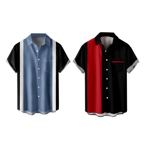 Men Casual Shirt Lapel Short Sleeve Single Breasted Shirt Loose Fit Hawaiian Style Button-Up Bowling Shirt