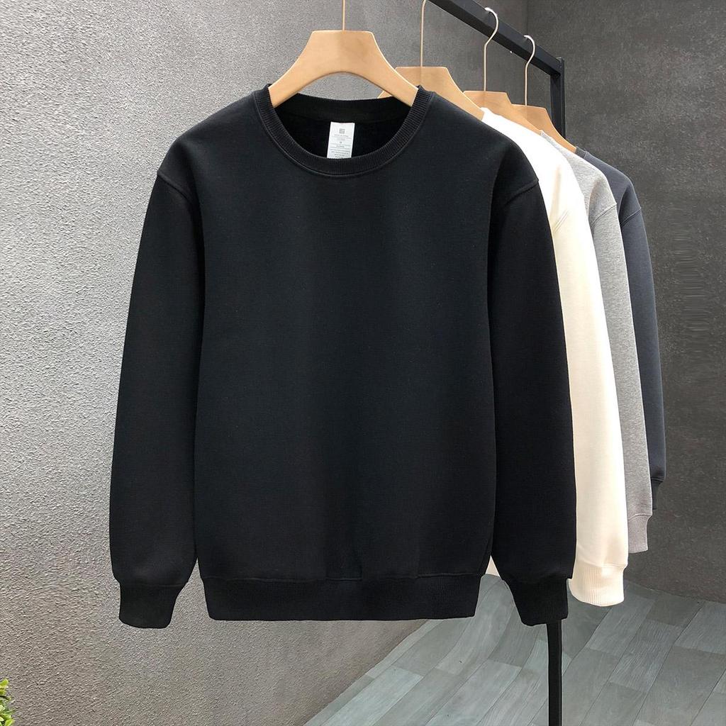 Men's Winter Fleece-Lined Sweatshirt: Solid Color, Round Neck, Long-Sleeve, Available in White & Black. Perfect for Spring and Autumn.