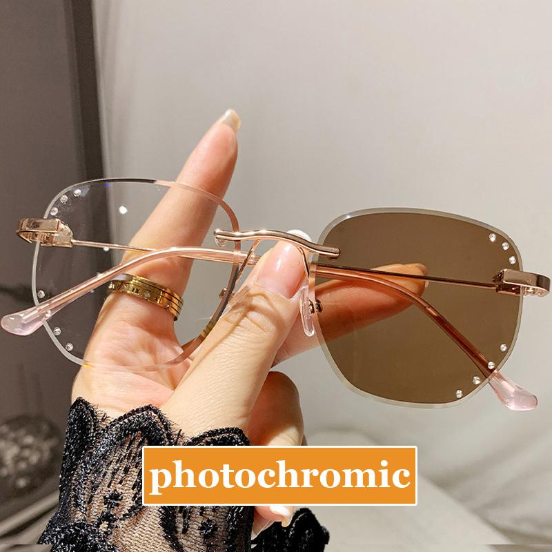 

Irregular Rimless Photochromic Glasses New Fashion Outdoor Color Changing Eyeglasses Finished Optical Prescription Plain Eyewear