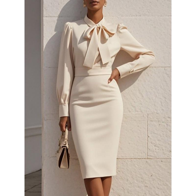 TIFICY Women s Fashion Spring Fall Solid Color Print Long Sleeve High Waist Casual Dresses S абрикосовый