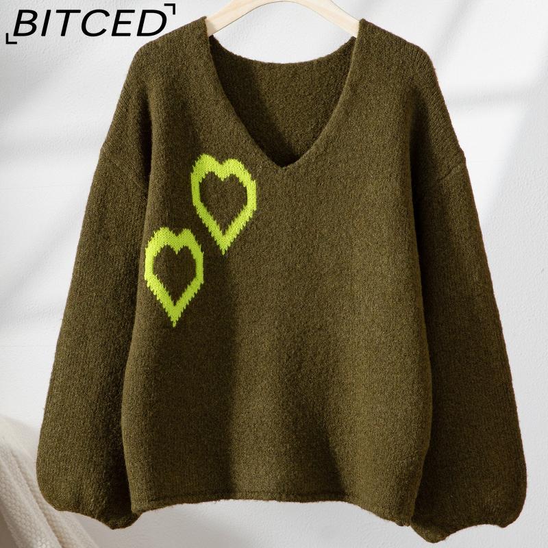 

BITCED Autumn/Winter Heart-Patterned V-Neck Sweater Women s Casual Oversized Long-Sleeve Pullover Knit Top XL армия зеленый