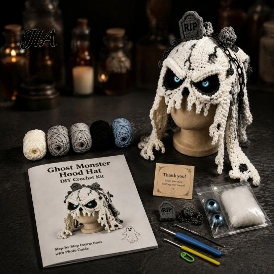 Art Class Supplies Halloween Animal Hood Crochet Kit, Skull Spider Bat Hat DIY Fashionable Earflap Spooky Pumpkin Craft Kit for Adults Teens,