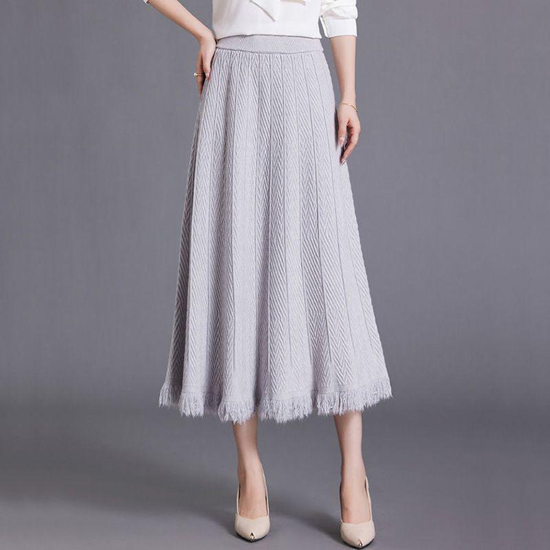 Women's High-Waisted Woolen Tassel Knitted A-Line Midi Skirt for Autumn and Winter