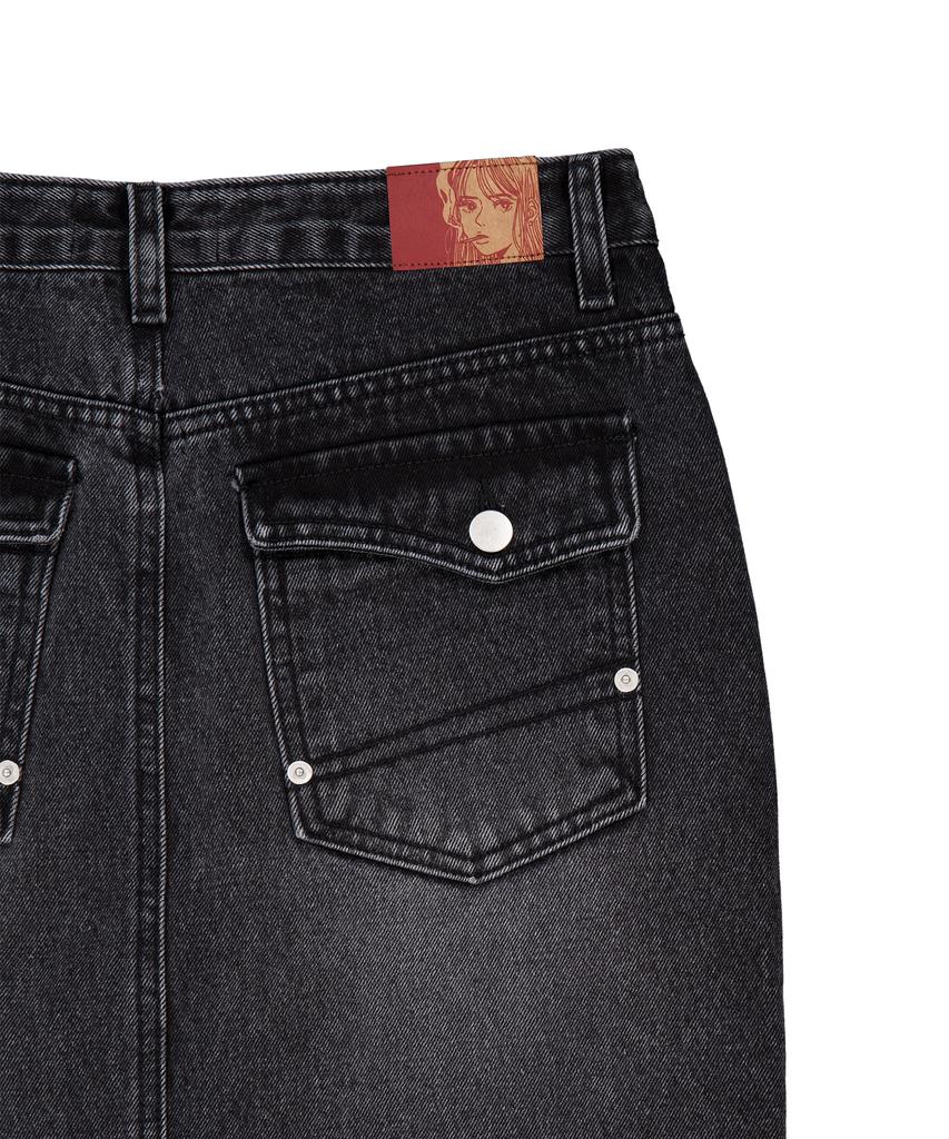 Godasin Washed Maxi Denim Skirt (Dark Gray)
