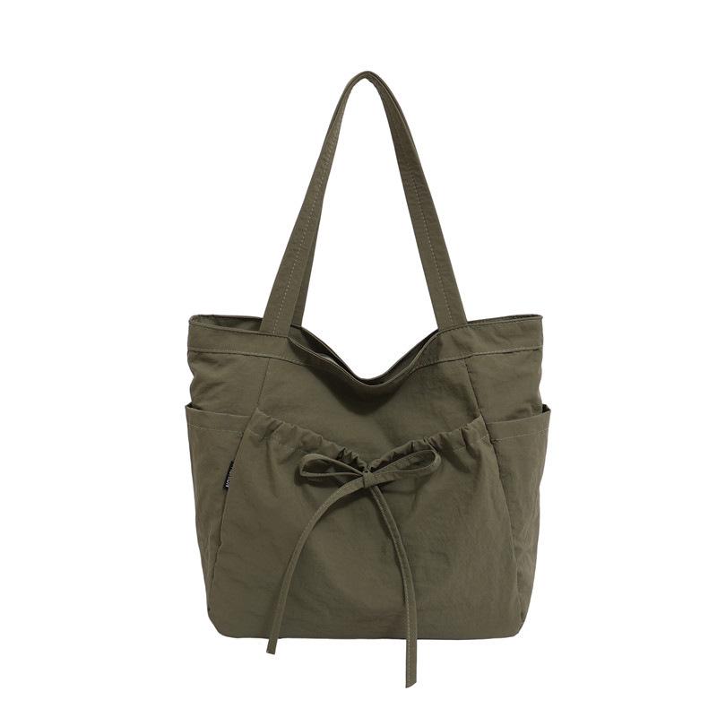 Fashionable Canvas Shoulder Handbag with Bow Accent and Wrinkled Texture – Large Capacity Tote/School Bag