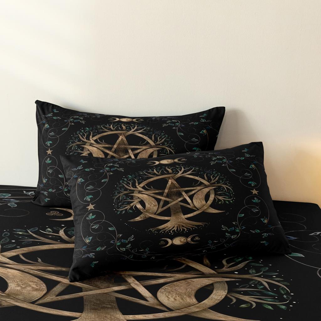3pcs Tree Of Life, Pentagram, Triple Moon Phase,Green Vines And Leaves Digital Print Bedding Duvet Cover Set