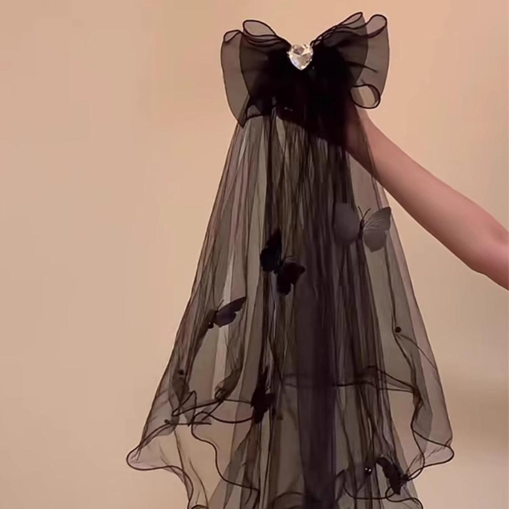 

Bowknot Memorial Black Bridal Veil Two Tier Two Layer Veil For Funerals and Mourning