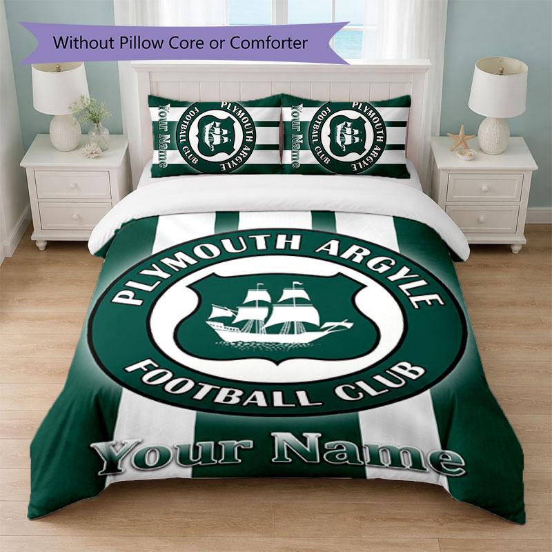 Plymouth Argyle FC Custom Name Text Bedding Set 1 Duvet Cover+2 Pillowcases Soccer Logo Personalized Gift For Special Occasion Bedroom Decor
