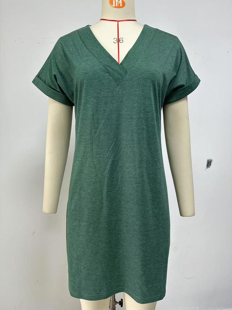 Women's V Neck Short Sleeve Mini Dress Loose Fit Relaxed Waist Casual Solid Color Knit Spring Summer Daily Wear T Shirt Dress