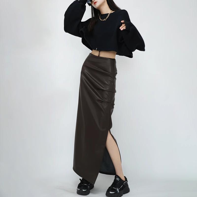 Black High Waist Folds Side Split Pu Leather Skirts For Women Autumn Winter Elegant Brown Bodycon Long Skirts
