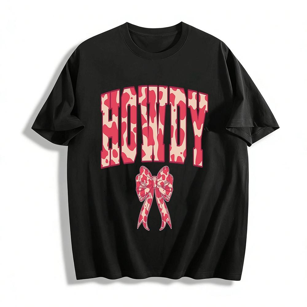 Vintage Cow Print Bow HOWDY Letter Graphic Casual Top Pure cotton T-shirt XXS