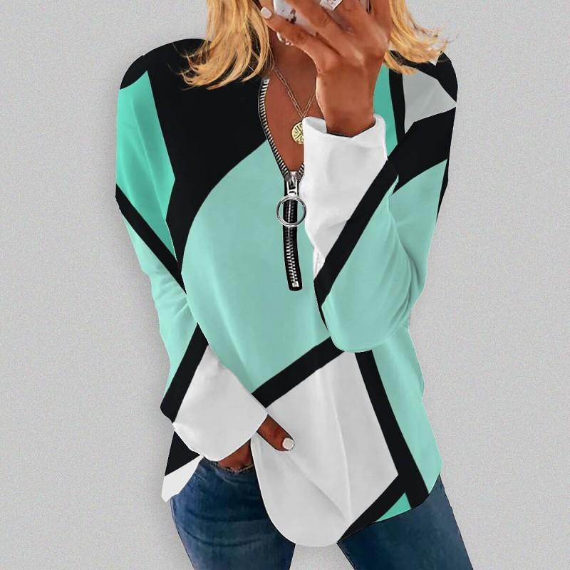 Womens V-Neck Half-Zip Long Sleeve Oversized Hoodie With Geometric Print Casual Comfort Fit 2025