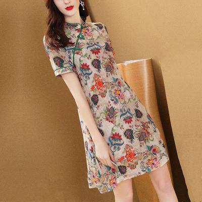 Κομψό καλοκαιρινό μεταξωτό φόρεμα Qipao με κάλυμμα κοιλιάς και κομψό μετάξι Mulberry για γυναίκες