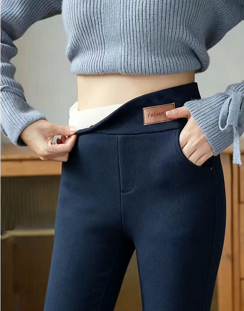 Women's High-Waisted Warm Pants with Leather Label Detail