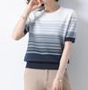 Women's Ice Silk Striped Short-Sleeve T-Shirt, Summer 2023 Style, Belly-Covering Top for Middle-Aged Mothers