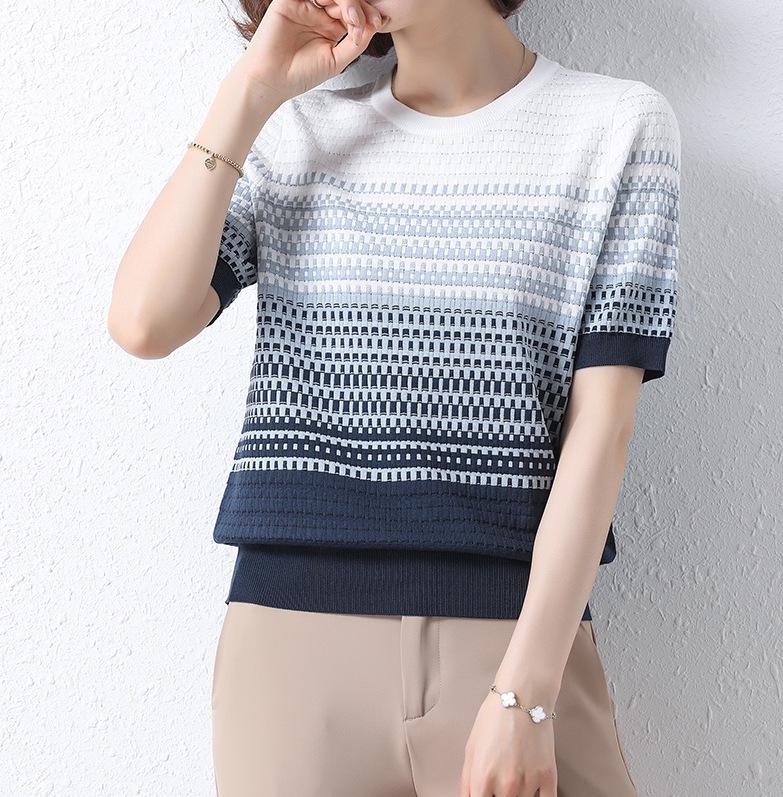 Women's Ice Silk Striped Short-Sleeve T-Shirt, Summer 2023 Style, Belly-Covering Top for Middle-Aged Mothers