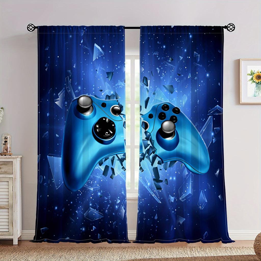 HD Digital Printed Drapes House Decoration Decor Living Area Room Bedroom Rod Pocket Style Pocket Curtains Black And White Gamepad Print Bed Chamber