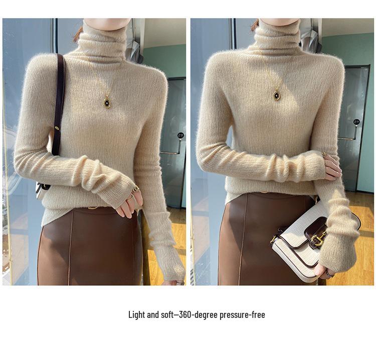 Women's Seamless High Neck Ribbed Knit Wool Sweater - Slim Fit, Textured Base Layer Pullover