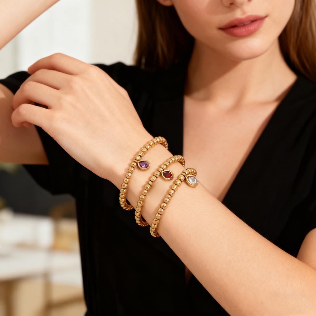 MHS.SUN Stainless Steel Gold Plated 12 Months Birthstone Beaded Bracelets For Women Men Zircon Water Droplet Charm Trend Jewelry