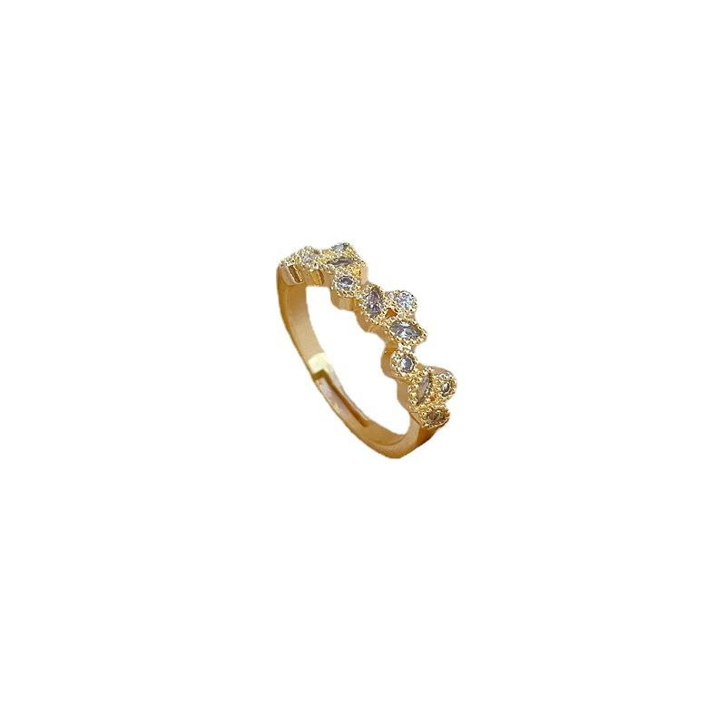 Real Gold Leaf Zircon Ring Opening Adjustable Simple Jewelry Japanese Ring Couple Ring