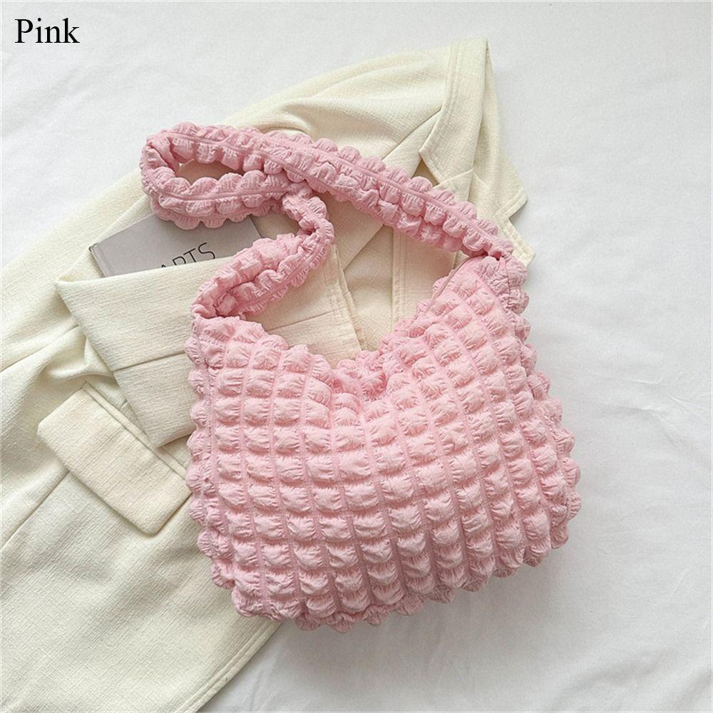 Plaid Quilted Shoulder Bag Cute Pleated Bubbles Solid Color Tote Bag Large Capacity Embroidered Satchel Bags Women розовый