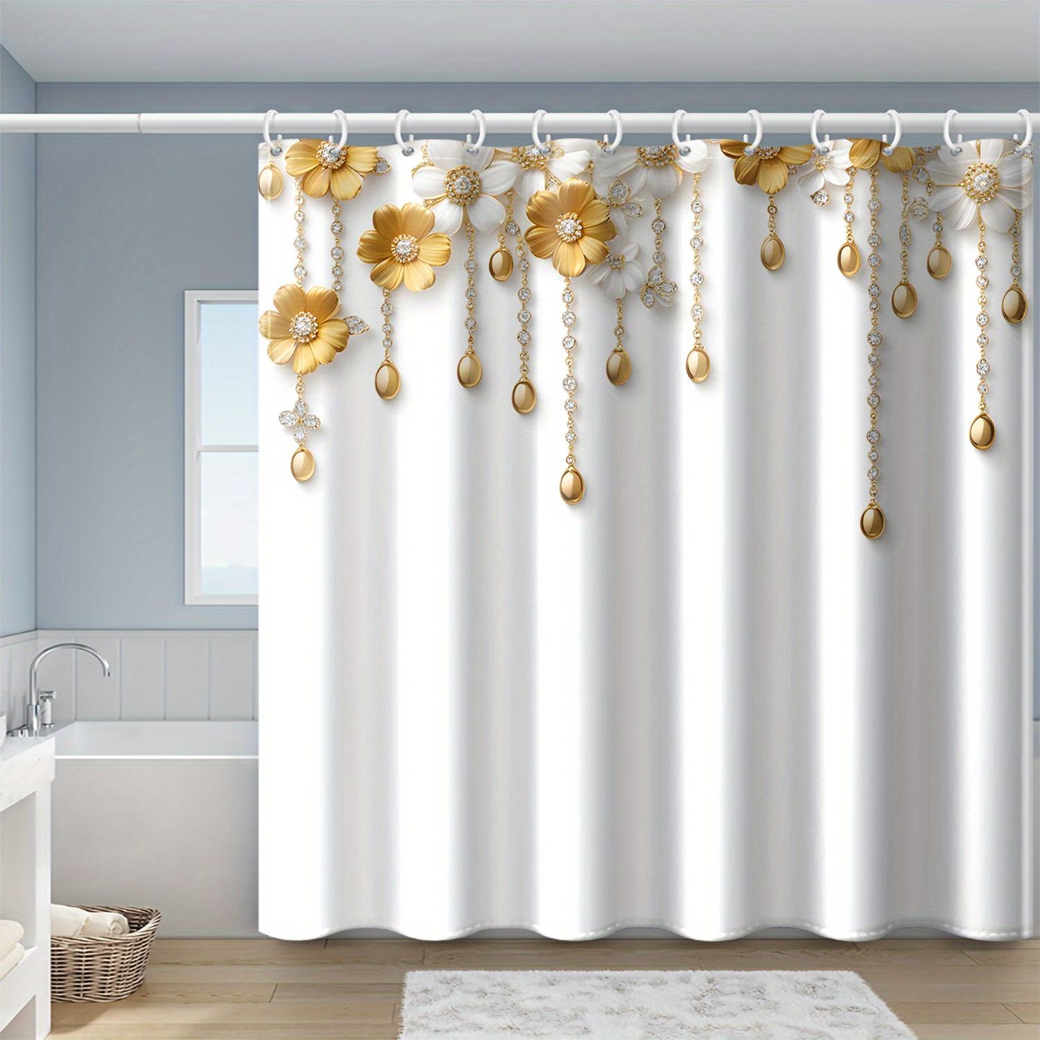 

Luxury Gold Flower Shower Curtain Elegant White And Gold Floral Design Bathroom Decor Waterproof Bath Curtain Home Accessory W60H190(CM)-1 Pcs