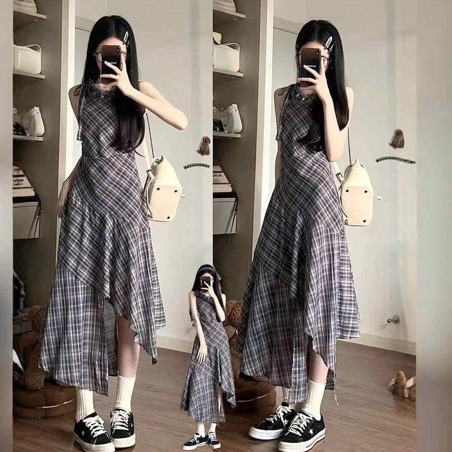 Street style sleeveless plaid vest women's summer dress high-end temperament lace-up small irregular long dress