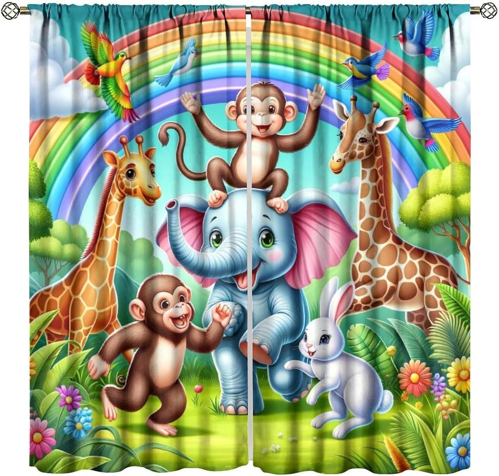 Animals Window Curtain Cartoon Jungle Forest Elephant Lion Print Curta For Kids Boys Girls Nursery Baby Bedroom Playroom Home
