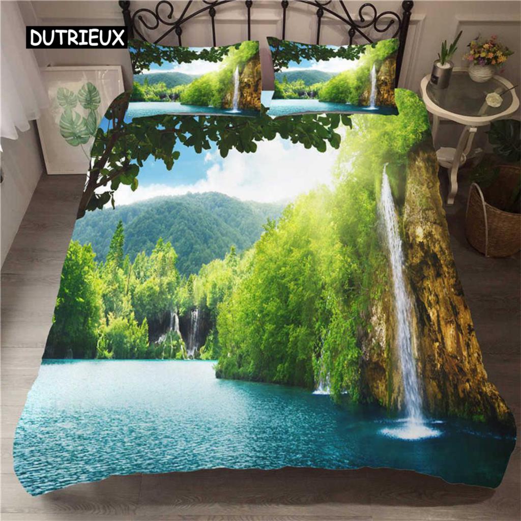 Sada povlaků na přikrývku Vodopád Přírodní scenérie Povlak na přikrývku Povlak na polštář Krajina Les Vodopád Queen Size Polyester Povlečení