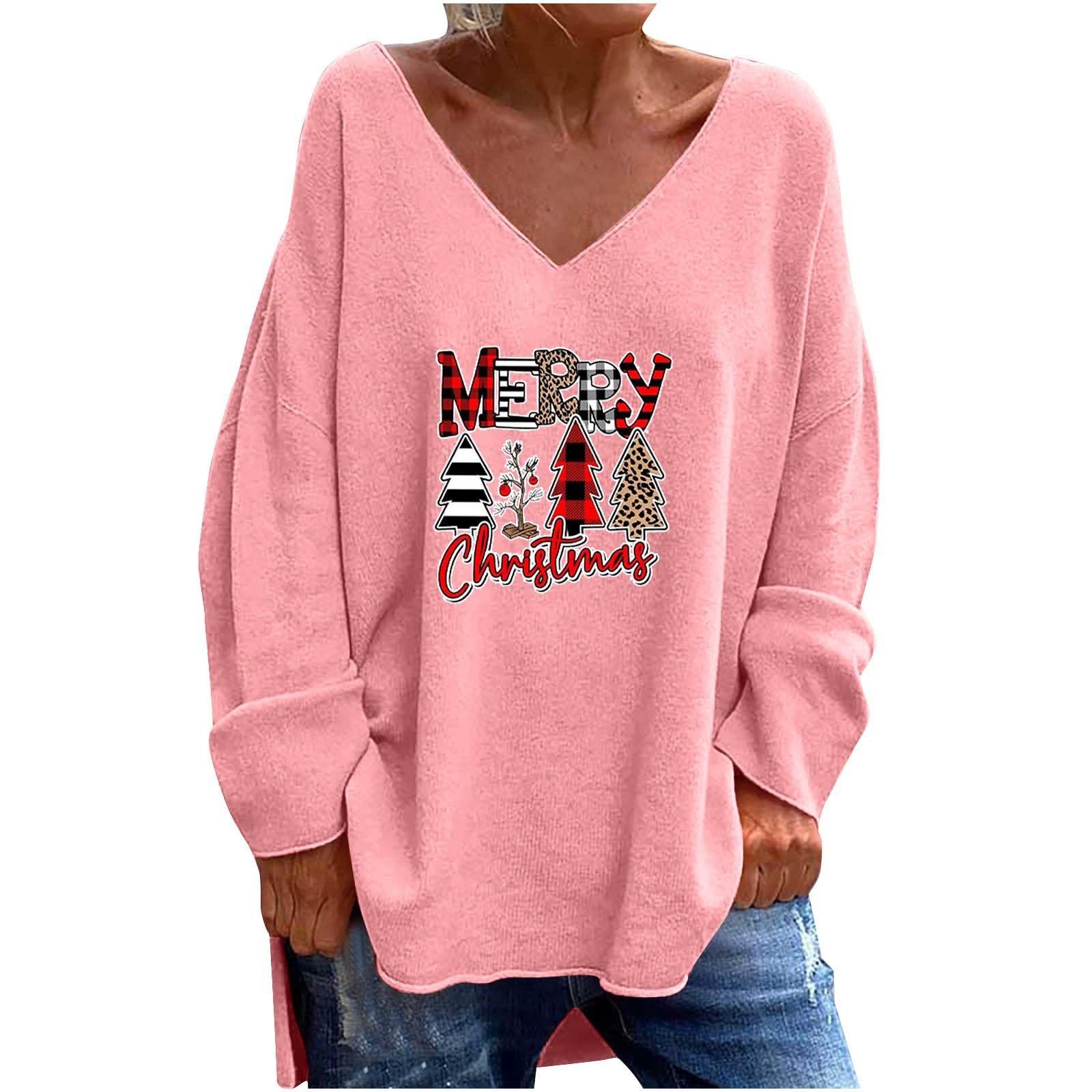 

GMXIA Осень-зима женская однотонная свободная повседневная удобная футболка с v-образным вырезом и длинным рукавом XXL розовый