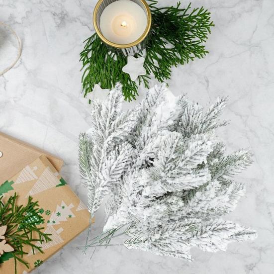 10/20/30Pcs Artificial Snowy Pine Branch 5 Fork Faux Greenery Stem Fake Plants Pick Xmas Holiday Wedding Party Home Decoration