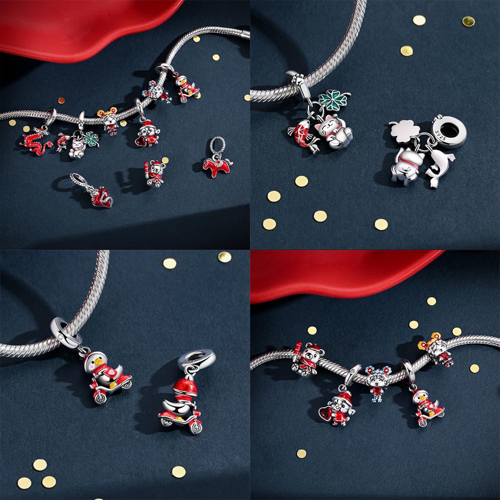 Authentic copper Red Heart Love Zircon Cat for New Year Christmas Lovely Bead Charms Compatible With Bracelets Delicate Accessory Jewellery Gift