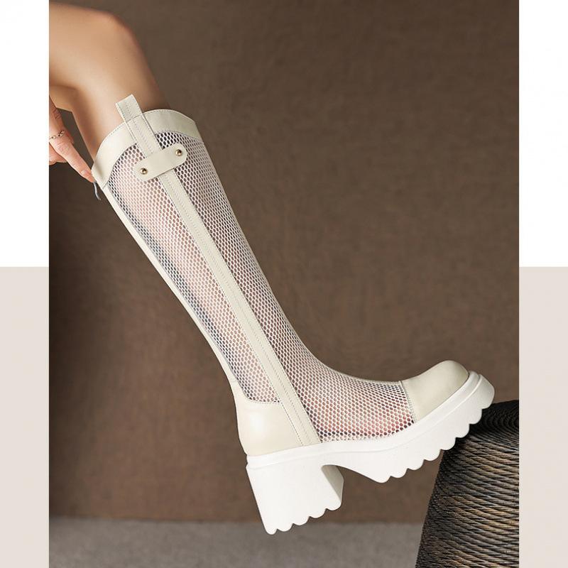 Thin Thick-soled Boots Women's Leather Mesh Muffin and Knee Cool Boots 2025 New Summer Hollow High-heeled High Boots