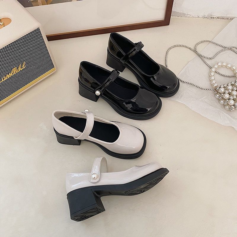 2025 Spring and Autumn New French Retro Mary Jane Single Shoes Pearl Round Head Medium High Thick Heel Small Leather Shoes Women