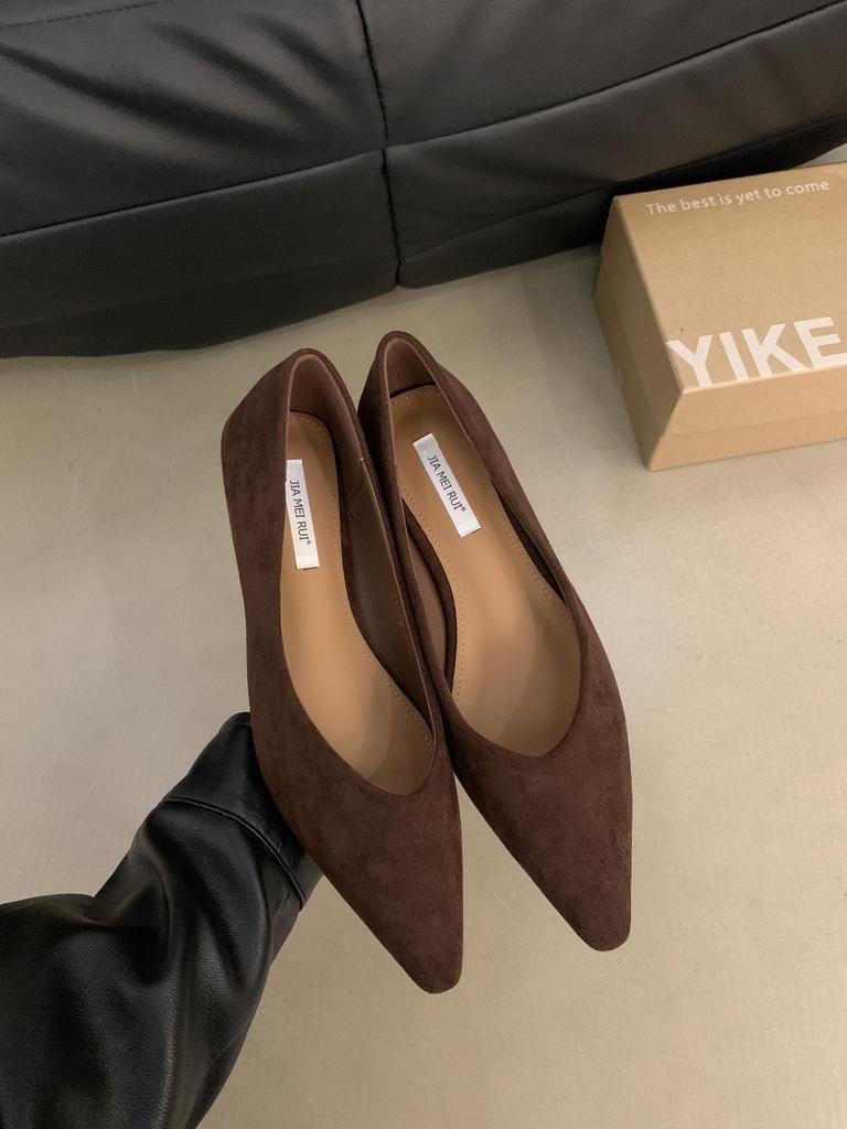 Retro Low-heeled Pointed Head Shallow Mouth Single Shoes Women's Shoes New Spring and Autumn Suede Temperament One-pedal Commuter Shoes
