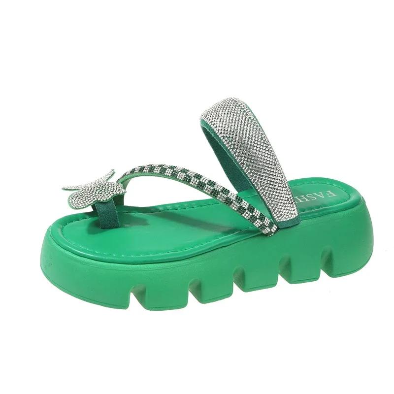 Fashion Women's Flat Slippers Toe Clip Bow Tie Rhinestones Anti-slip Slippers Shoes Leisure Beach Summer Fashion New Sandalias De Mujer