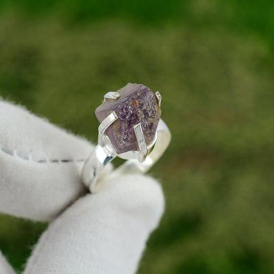 925 Sterling Silver Pentagon Natural Amethyst Rough Multi Stone Unique Ring US 7