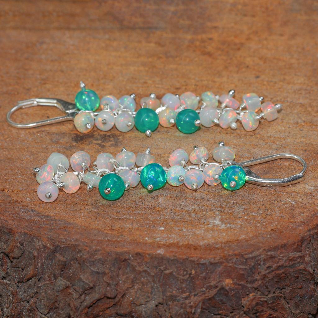 Opal Bead Cluster Earrings: Ethiopian Opal, Sterling Silver or Gold Filled
