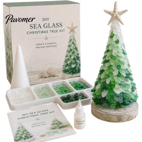Sea Glass Art Projects for Adults DIY Christmas Tree Kit, 3D Coastal Xmas Craft Kit Creative Relaxing Holiday Activities with Pieces, Handmade