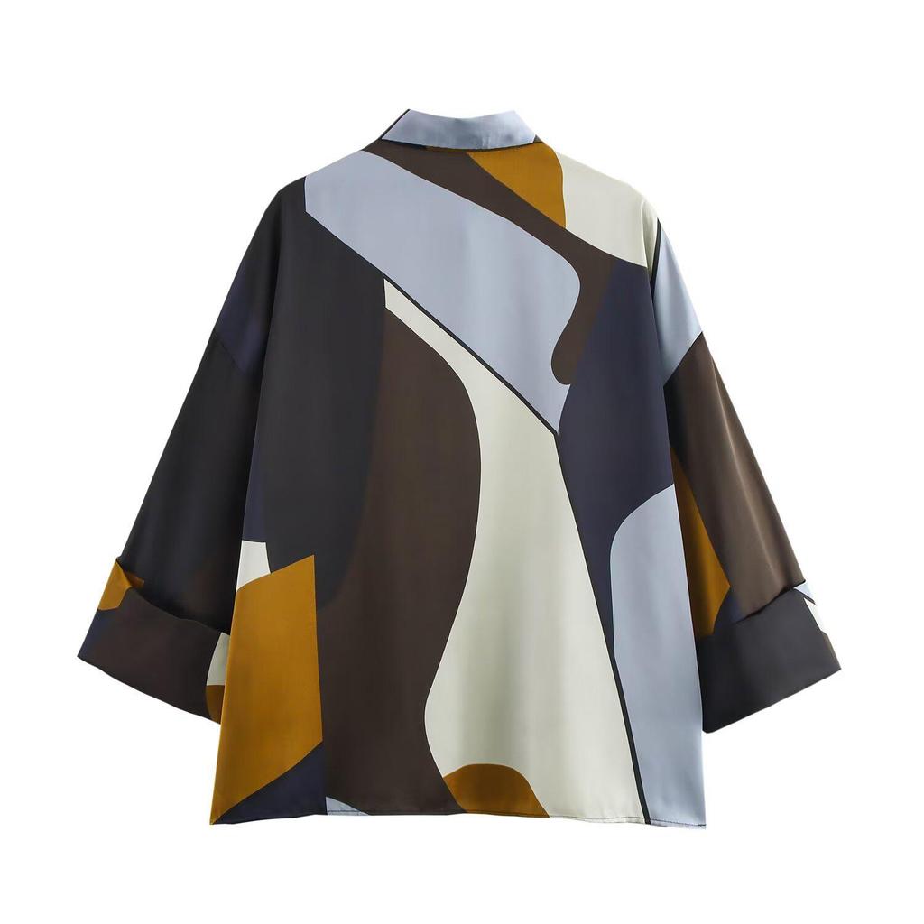 Spring 2025 Women's Fashion: Versatile Silk Satin Lapel Print Shirt