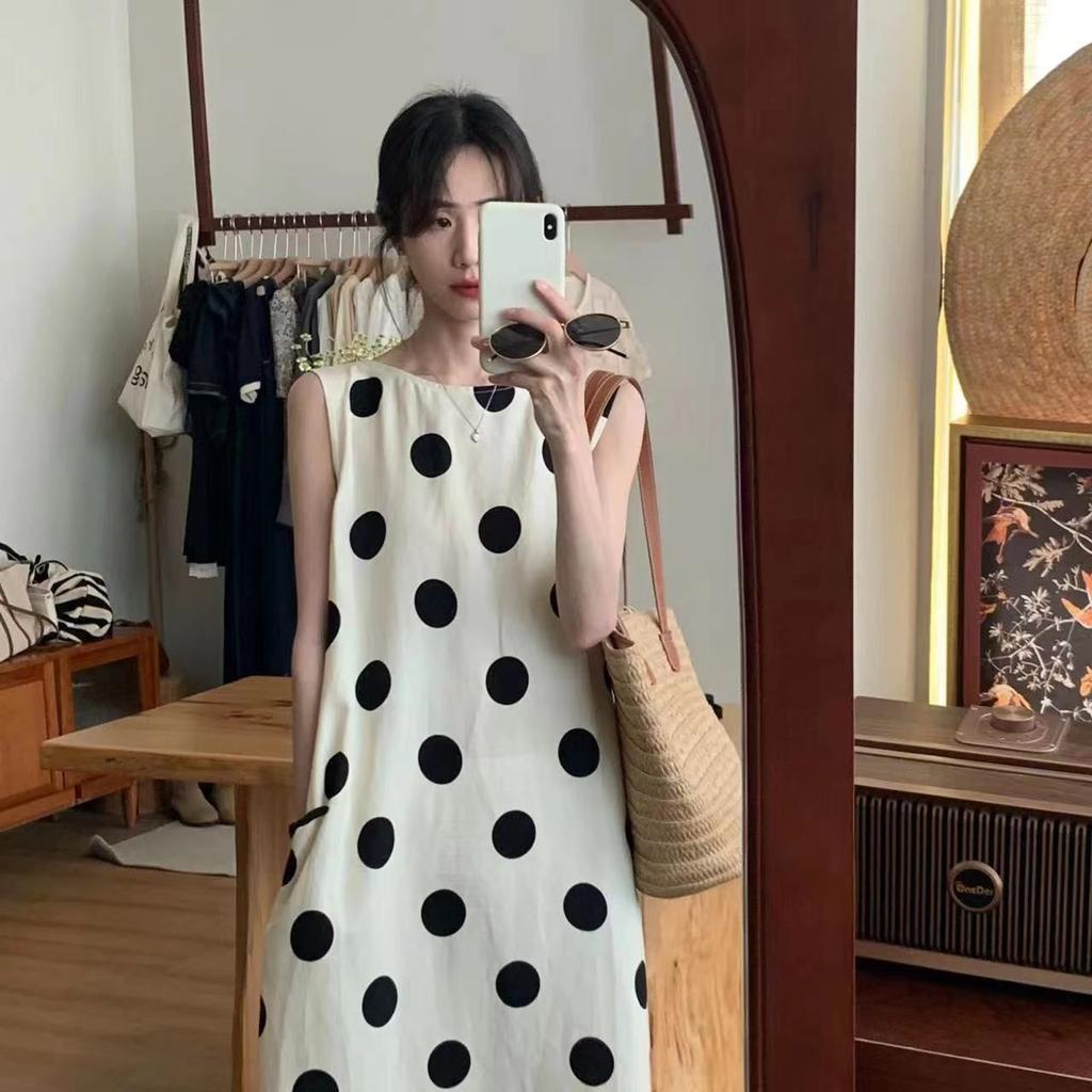 French sleeveless polka dot dress women's summer new temperament long dress seaside vacation loose and thin beautiful skirt
