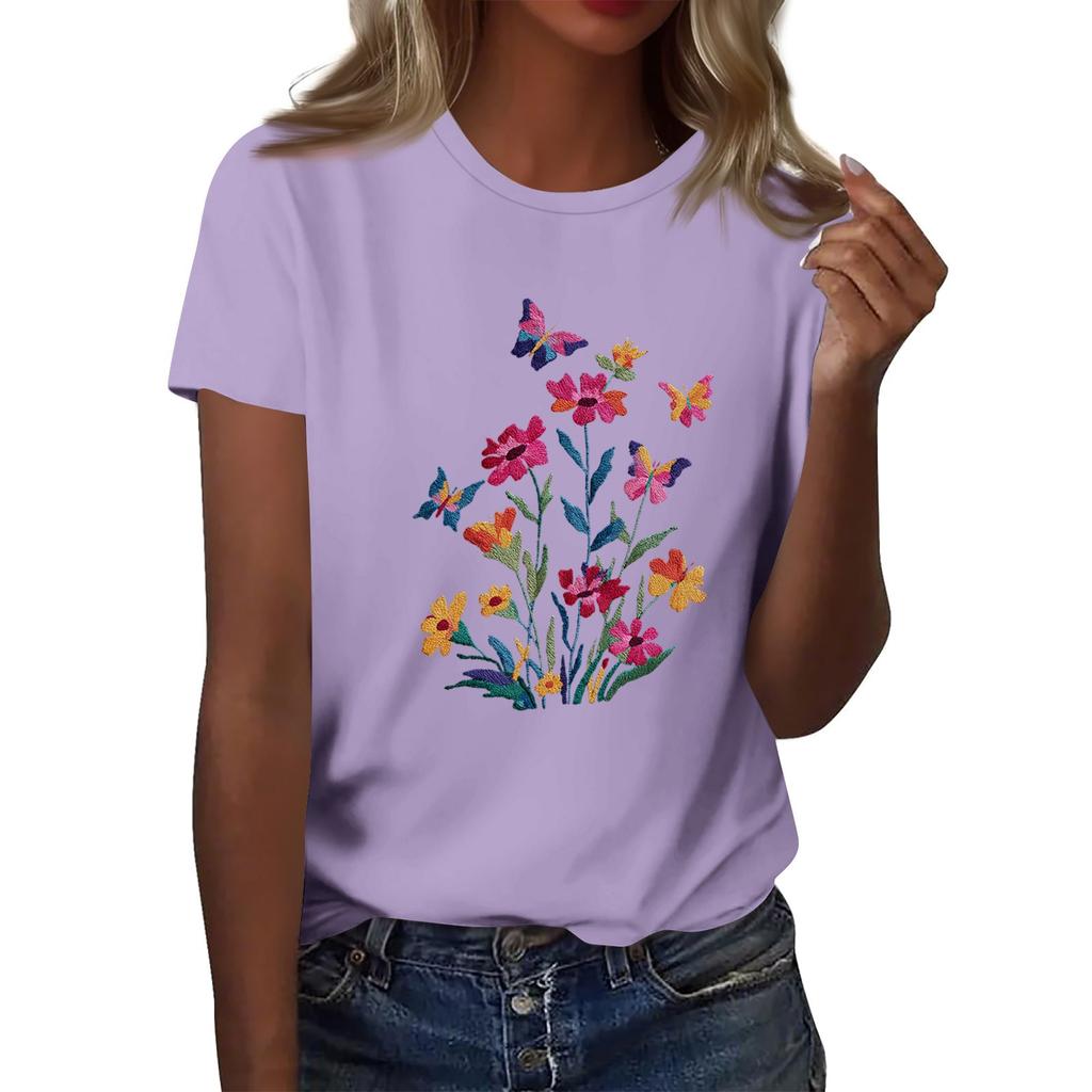 Women's Fashion Casual Printed Round Neck Short Sleeved T-Shirt Top T-Shirt Top Top