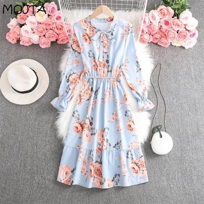 Spring Summer Lady Chiffon Bow Tie O-Neck Sweet Long Sleeve Women‘s A-line Floral Dress