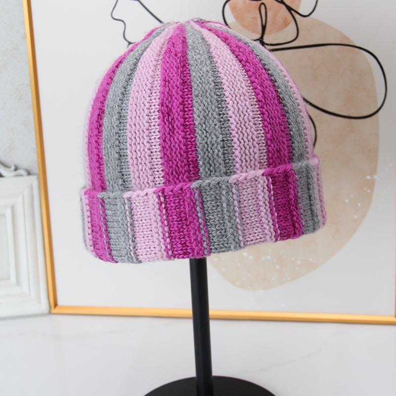 Retro contrasting striped knitted hat women's autumn and winter flanged cold hat versatile wool showing face small warm melon fur hat